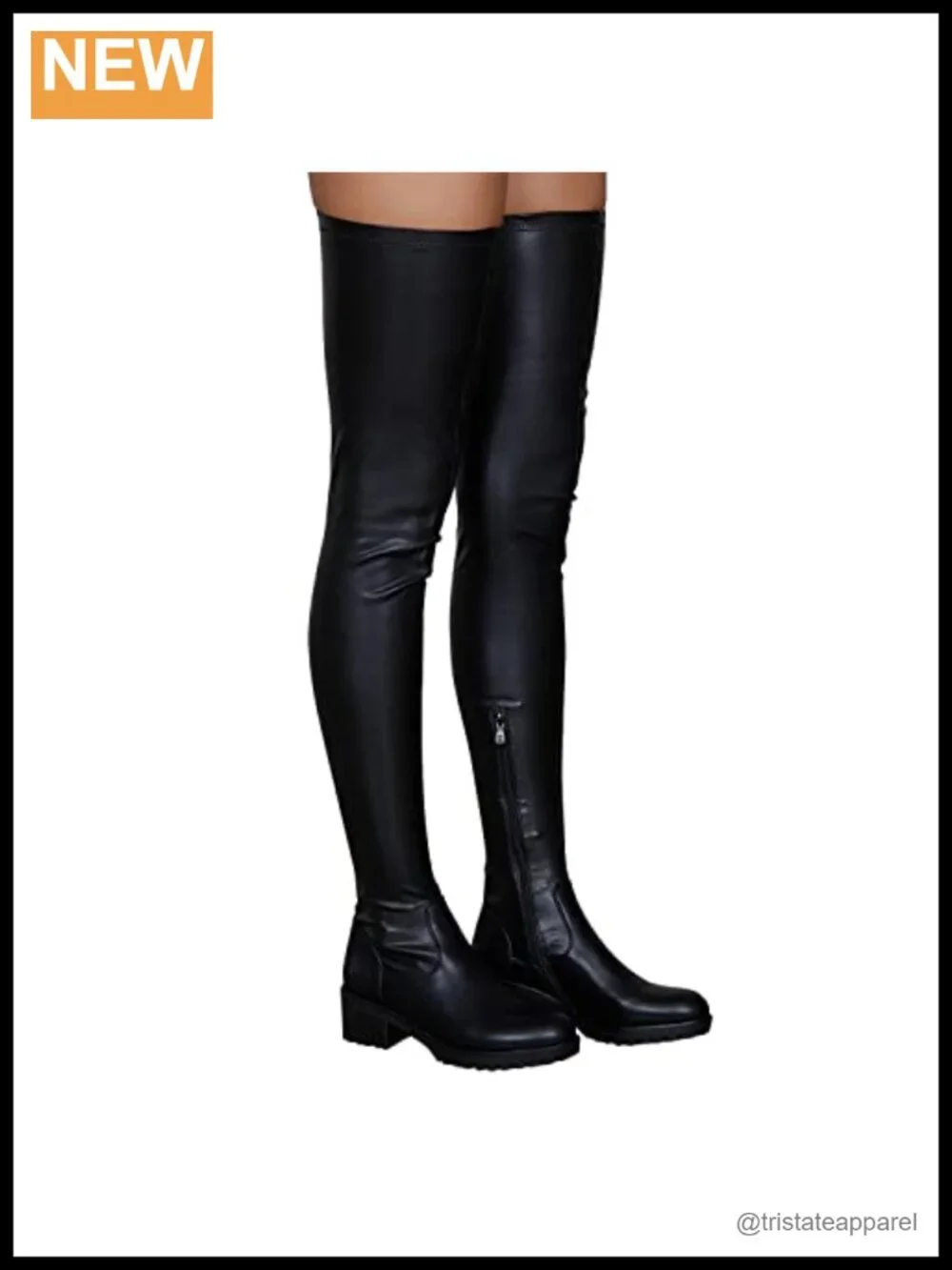 Thigh High Boots Round Toe Low Chunky Heel Side Zipper